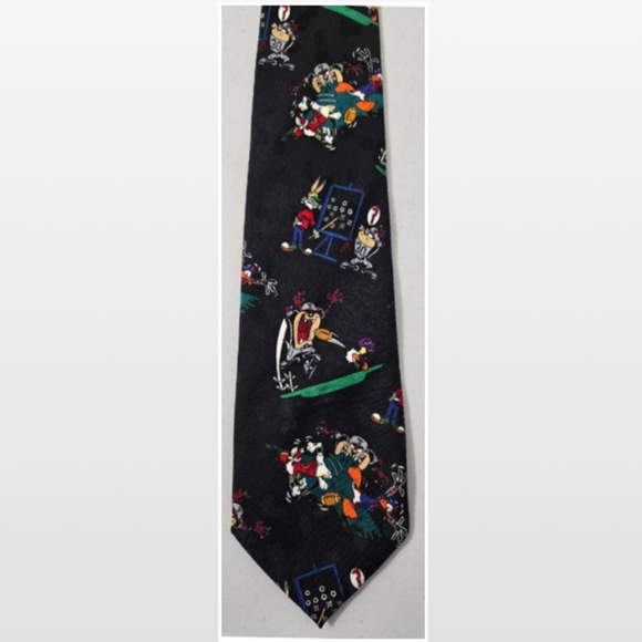 Vintage 90s Looney Tunes Tie Mens Black Sports Football VTG - Picture 4 of 13